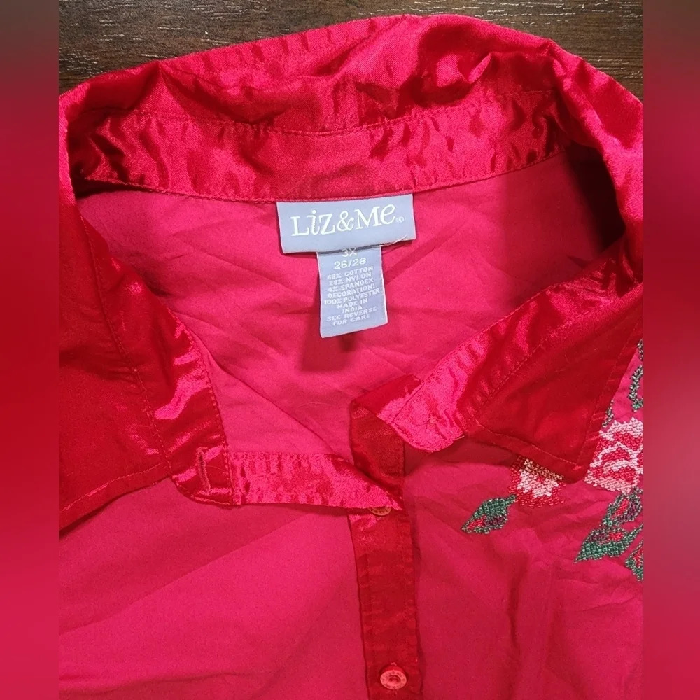 Liz & Me Womens Magenta Embroidered Collared Button Up Blouse - Picture 6 of 11